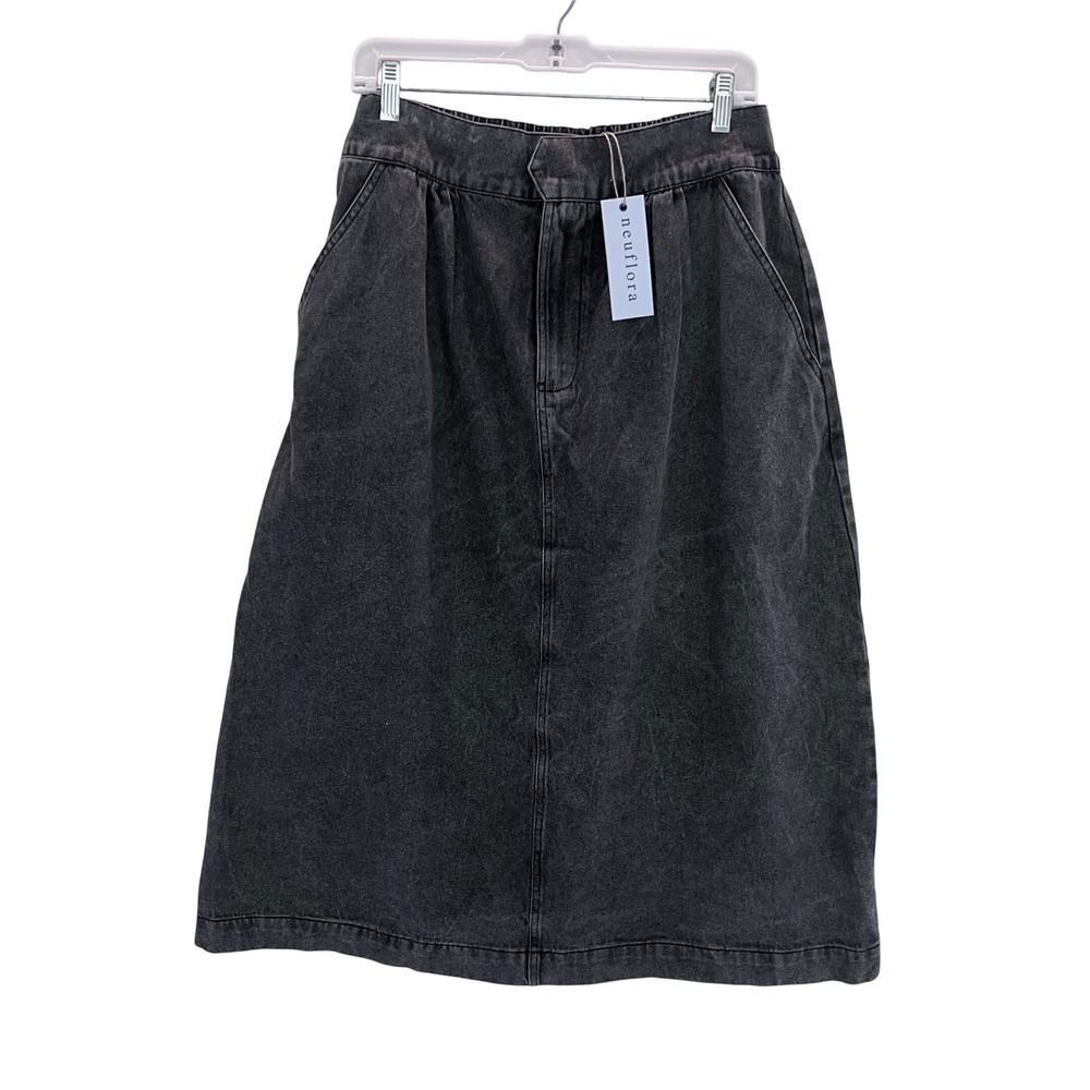 Neuflora M Charcoal Gray Acid Wash Denim Midi Skirt Pleated Elastic Waist NWT